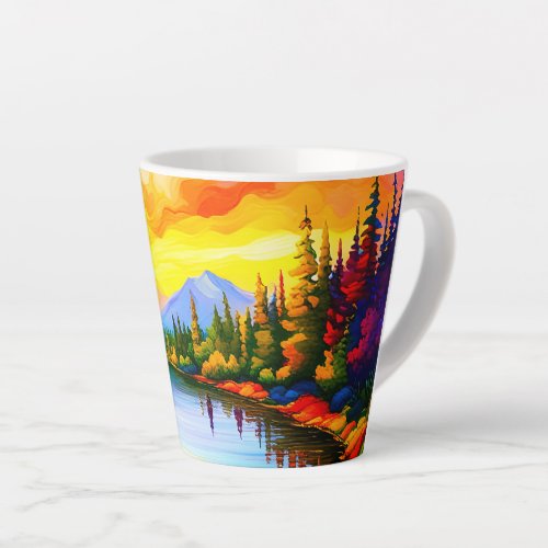 Brilliant colored drawing of sunset over lake latte mug