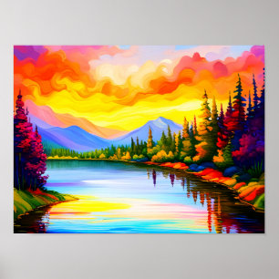 Brilliant colored drawing of sunset over lake poster