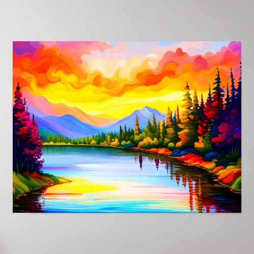 Brilliant colored drawing of sunset over lake poster