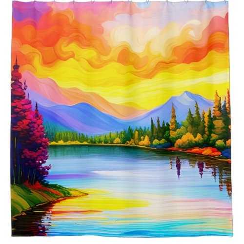 Brilliant colored drawing of sunset over lake shower curtain