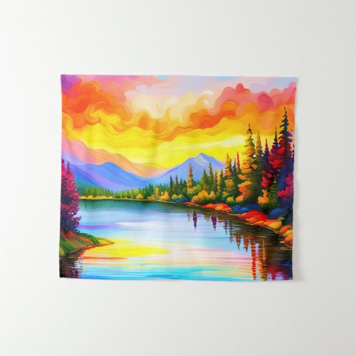 Brilliant colored drawing of sunset over lake tapestry