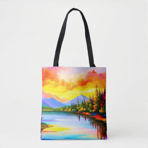 Brilliant colored drawing of sunset over lake tote bag