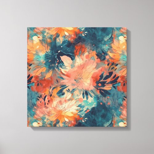 Brilliant Coral and Teal Abstract Floral Canvas Print