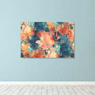 Brilliant Coral and Teal Abstract Floral Canvas Print