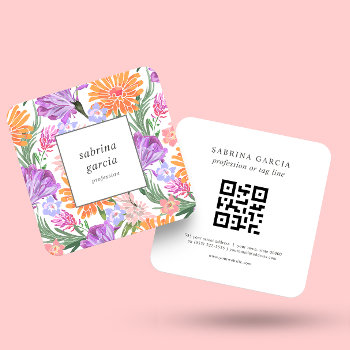 Brilliant Flowers | Violet Blue Orange Qr Code  Square Business Card by Citronellapaper at Zazzle