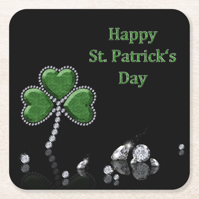 Brilliant Happy St. Patrick's Day Diamonds Square Paper Coaster (Front)