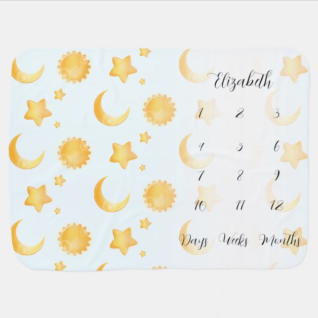 Brilliant Moon and Stars Milestone Blue Baby Blanket (Horizontal)