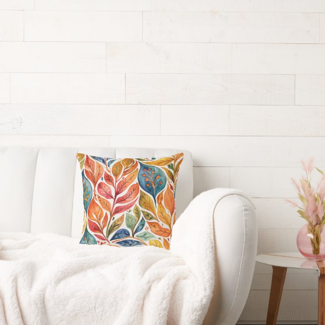 Brilliant Orange & Blue Abstract Leaves Throw Pillow (Couch)