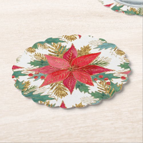 Brilliant Poinsettia and Holly Paper Coaster