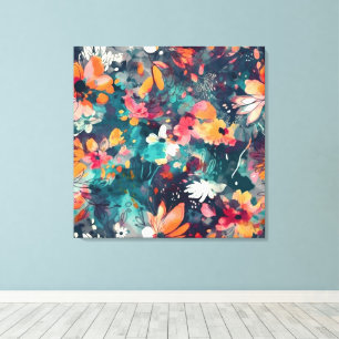 Brilliant Teal and Multicolor Floral Abstract Canvas Print