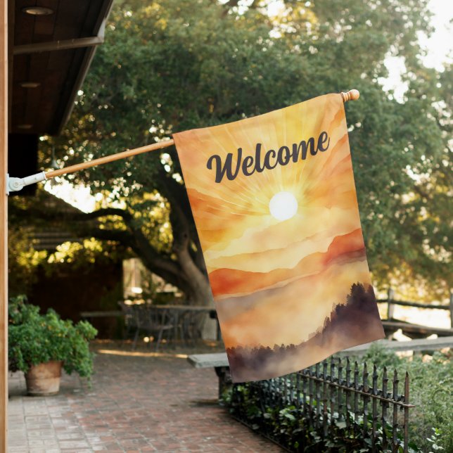 Brilliant Watercolor Mountain Sunset Welcome  House Flag (In SItu)