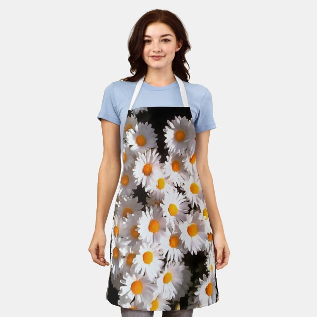 Brilliant White Daisies On Black Floral Art Apron (Worn)