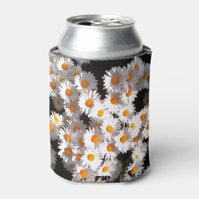 Brilliant White Daisies On Black Floral Art Can Cooler (Can Front)