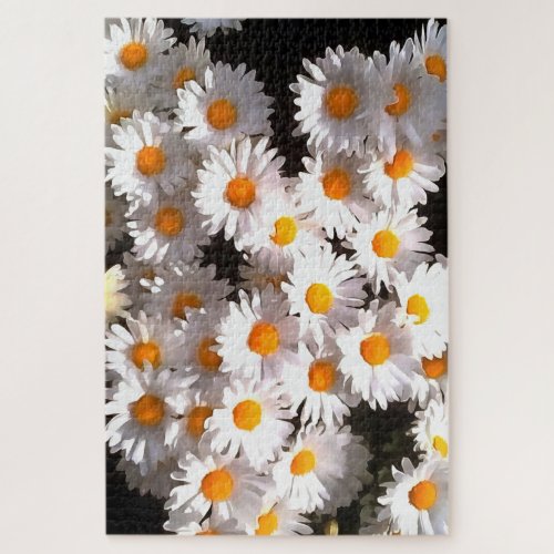 Brilliant White Daisies On Black Floral Art Jigsaw Puzzle