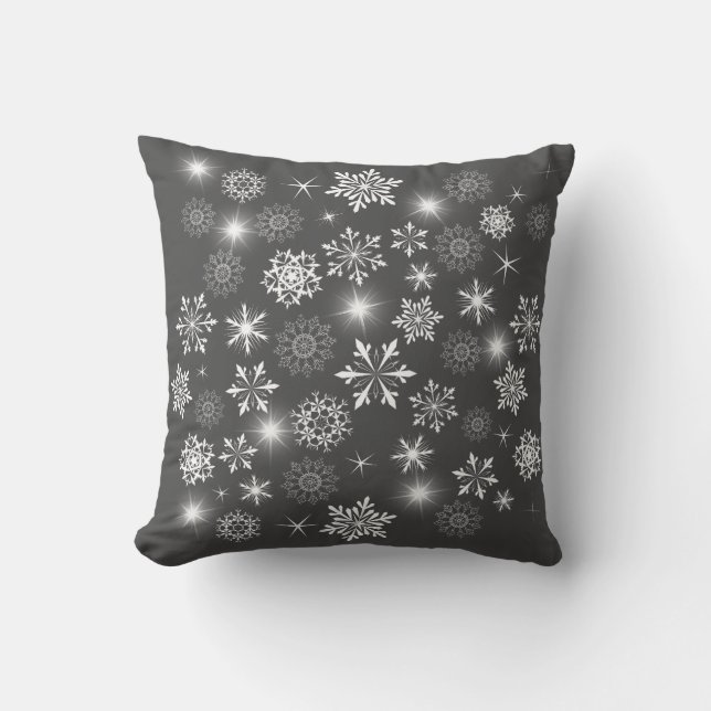 Brilliant White Winter Charcoal Gray Snowflakes Throw Pillow (Front)
