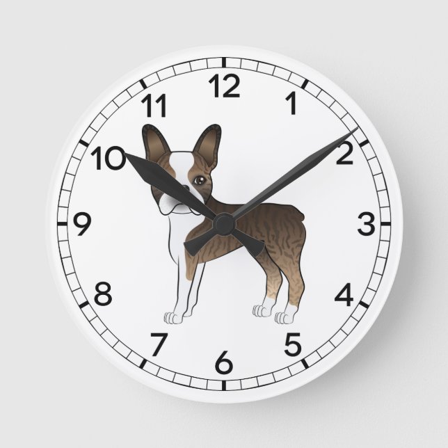 Brindle And White Boston Terrier Dog Illustration Round Clock (Front)