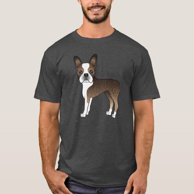 Brindle And White Boston Terrier Dog Illustration T-Shirt (Front)