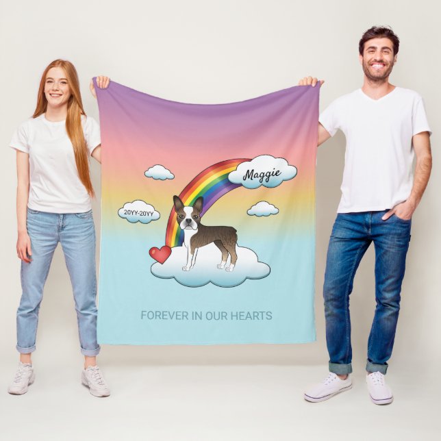 Brindle And White Boston Terrier Rainbow Memorial Fleece Blanket (In Situ)