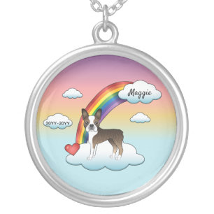 Brindle And White Boston Terrier Rainbow Memorial Silver Plated Necklace