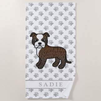 Brindle And White Staffie Cute Cartoon Dog &amp; Name Beach Towel