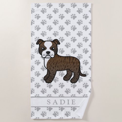 Brindle And White Staffie Cute Cartoon Dog  Name Beach Towel