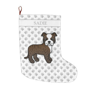Brindle And White Staffie Cute Cartoon Dog &amp; Name Large Christmas Stocking