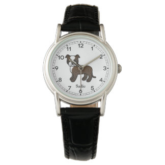 Brindle And White Staffie Cute Cartoon Dog &amp; Name Watch