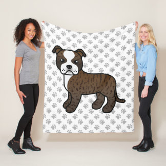 Brindle And White Staffie Cute Cartoon Dog &amp; Paws Fleece Blanket