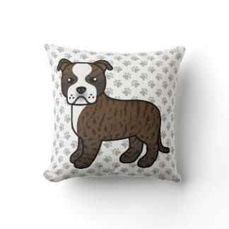 Brindle And White Staffie Cute Cartoon Dog &amp; Paws Throw Pillow
