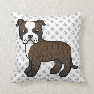 Brindle And White Staffie Cute Cartoon Dog &amp; Paws Throw Pillow