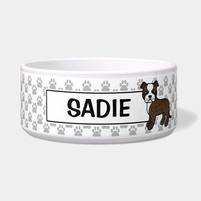 Brindle And White Staffie With Custom Name Bowl (Front)
