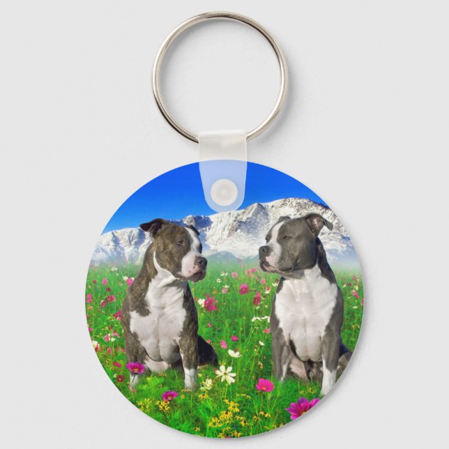 Brindle & Blue Staffordshire & Pit Bull Dogs Keychain (Front)