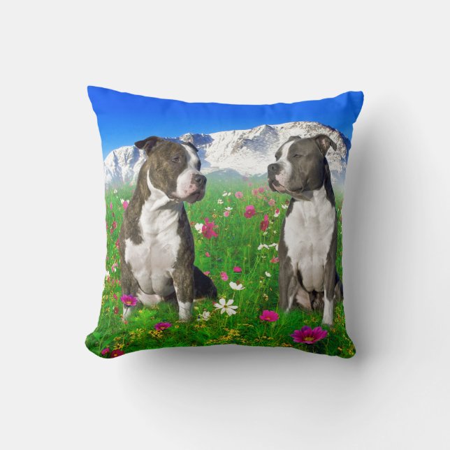 Brindle & Blue Staffordshire & Pit Bull Dogs Throw Pillow (Front)