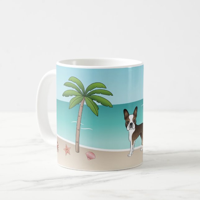 Brindle Boston Terrier At A Tropical Summer Beach Coffee Mug (Front Left)