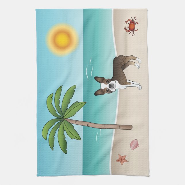 Brindle Boston Terrier At A Tropical Summer Beach Kitchen Towel (Vertical)