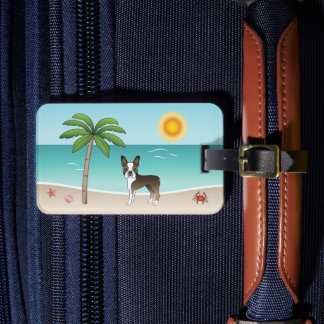 Brindle Boston Terrier At A Tropical Summer Beach Luggage Tag
