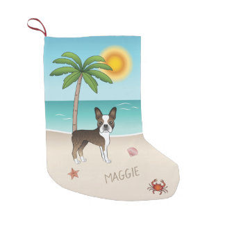 Brindle Boston Terrier At A Tropical Summer Beach Small Christmas Stocking