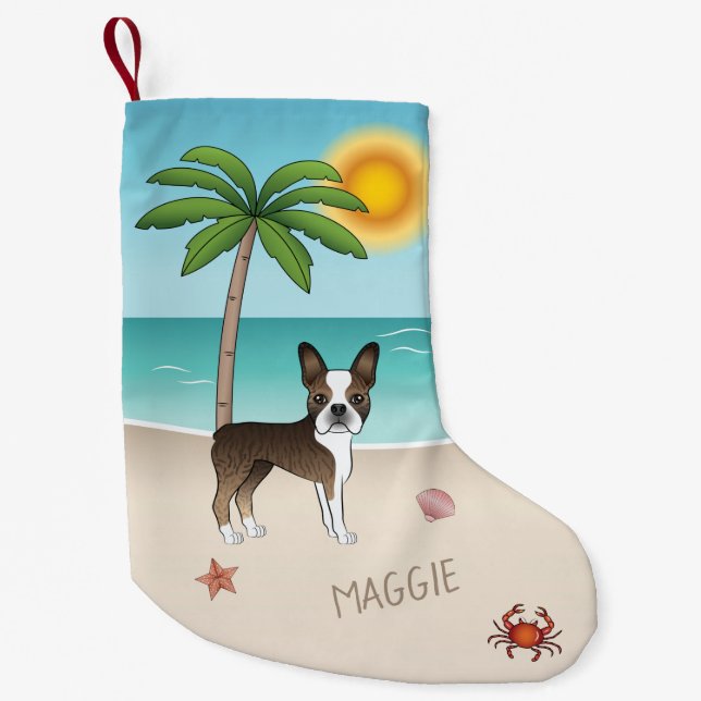 Brindle Boston Terrier At A Tropical Summer Beach Small Christmas Stocking (Front)