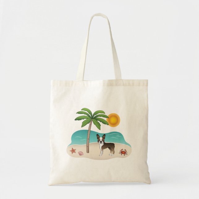 Brindle Boston Terrier At A Tropical Summer Beach Tote Bag (Front)