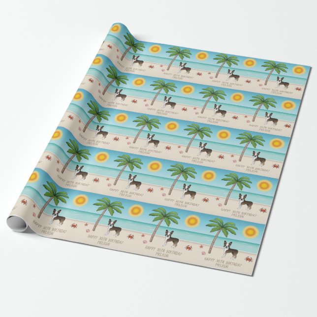 Brindle Boston Terrier At A Tropical Summer Beach Wrapping Paper (Unrolled)
