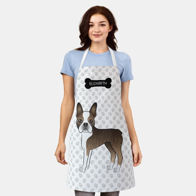 Brindle Boston Terrier Cartoon Dog & Custom Name Apron (Worn)