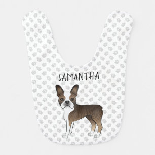 Brindle Boston Terrier Cartoon Dog & Custom Name Baby Bib