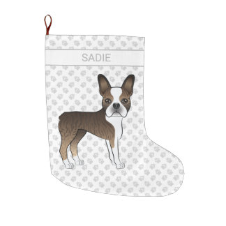 Brindle Boston Terrier Cartoon Dog &amp; Custom Name Large Christmas Stocking