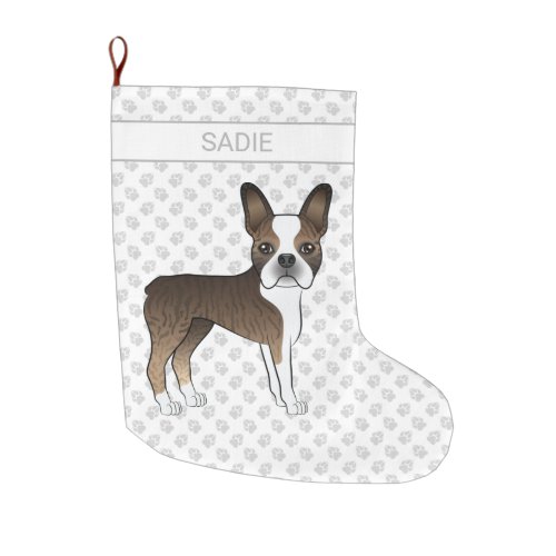 Brindle Boston Terrier Cartoon Dog  Custom Name Large Christmas Stocking