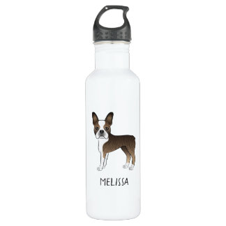 Brindle Boston Terrier Cartoon Dog &amp; Custom Name Stainless Steel Water Bottle