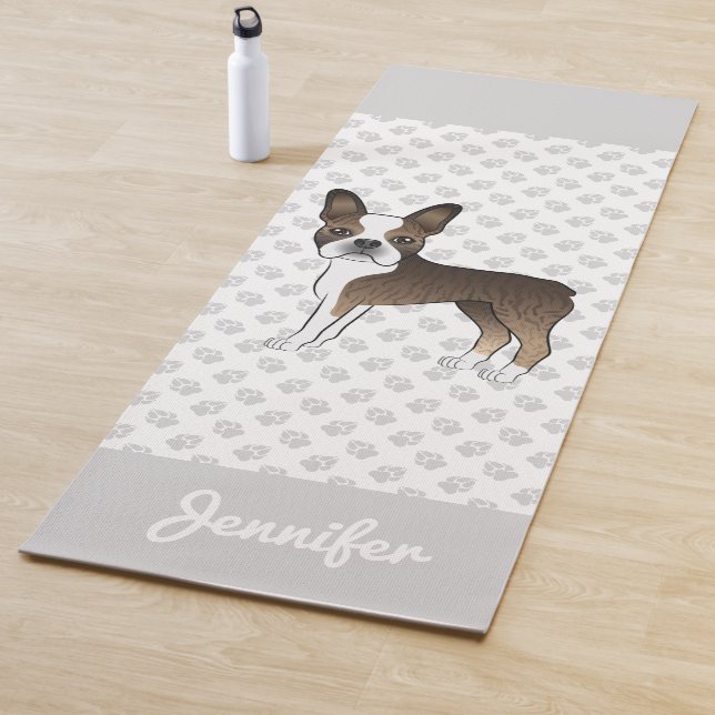 Brindle Boston Terrier Cartoon Dog & Custom Name Yoga Mat (In Situ)