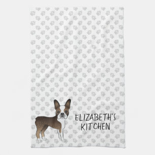 Brindle Boston Terrier Cartoon Dog & Custom Text Kitchen Towel