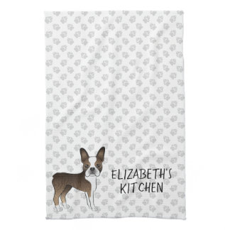 Brindle Boston Terrier Cartoon Dog &amp; Custom Text Kitchen Towel