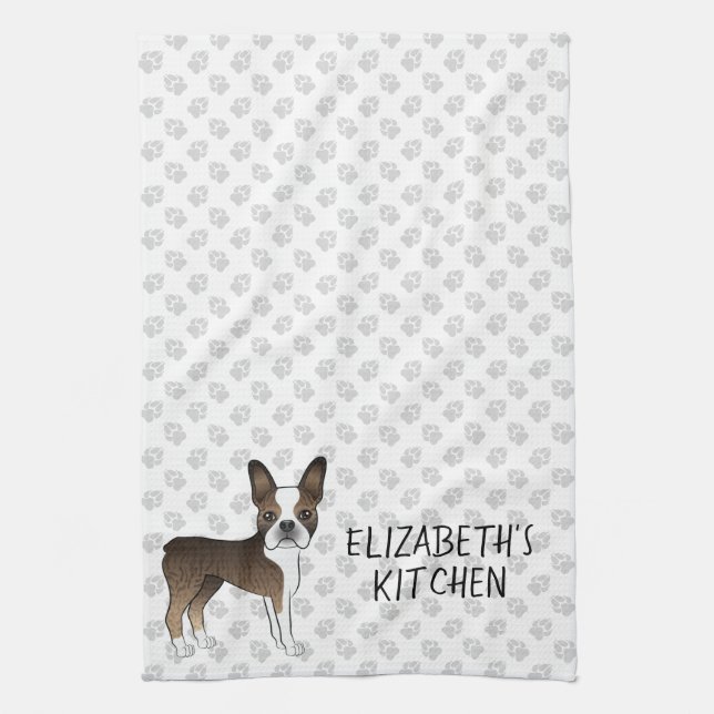 Brindle Boston Terrier Cartoon Dog & Custom Text Kitchen Towel (Vertical)