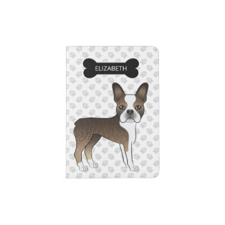Brindle Boston Terrier Cartoon Dog &amp; Custom Text Passport Holder